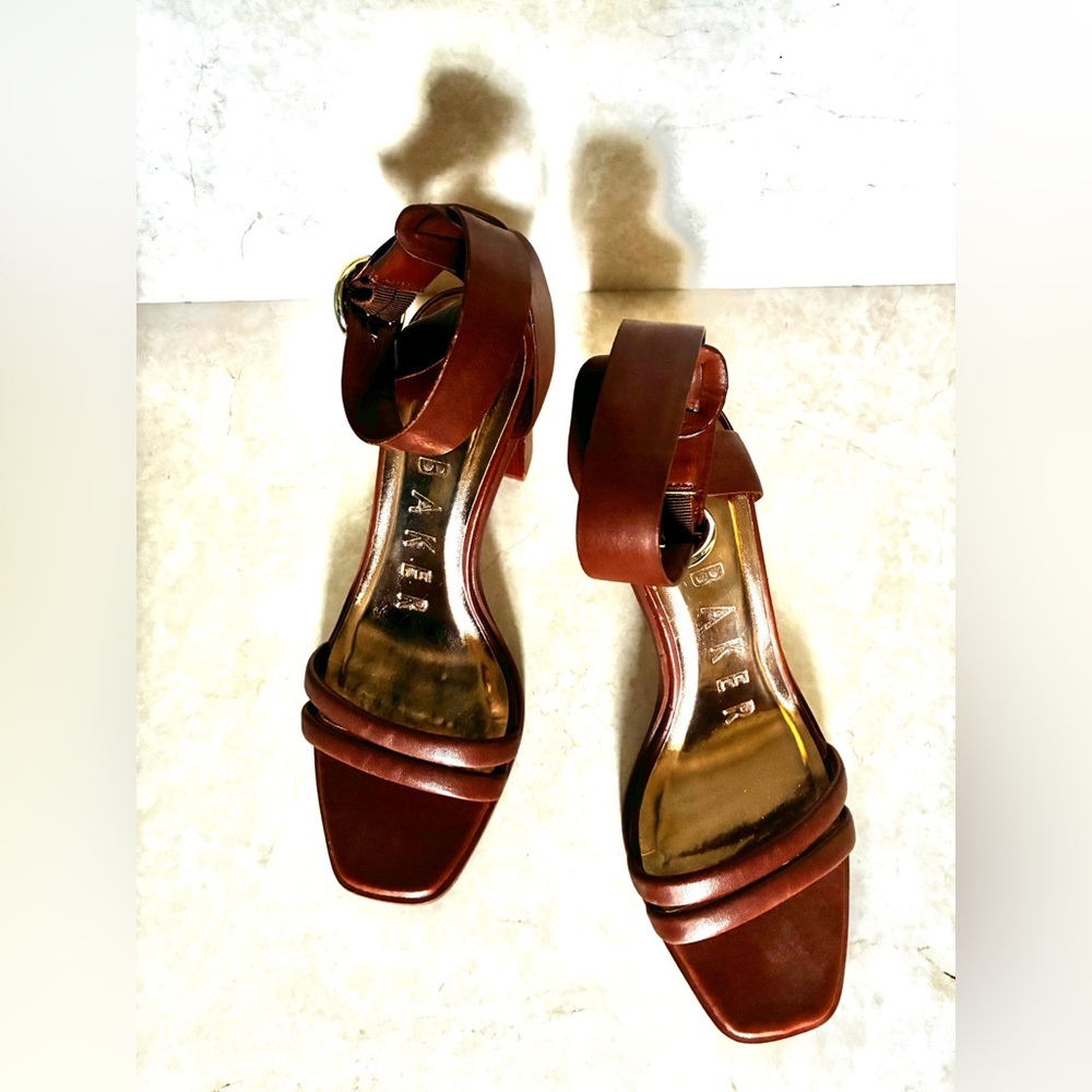 Ted Baker Dark Brown Heeled Sandals. Gold Accents.